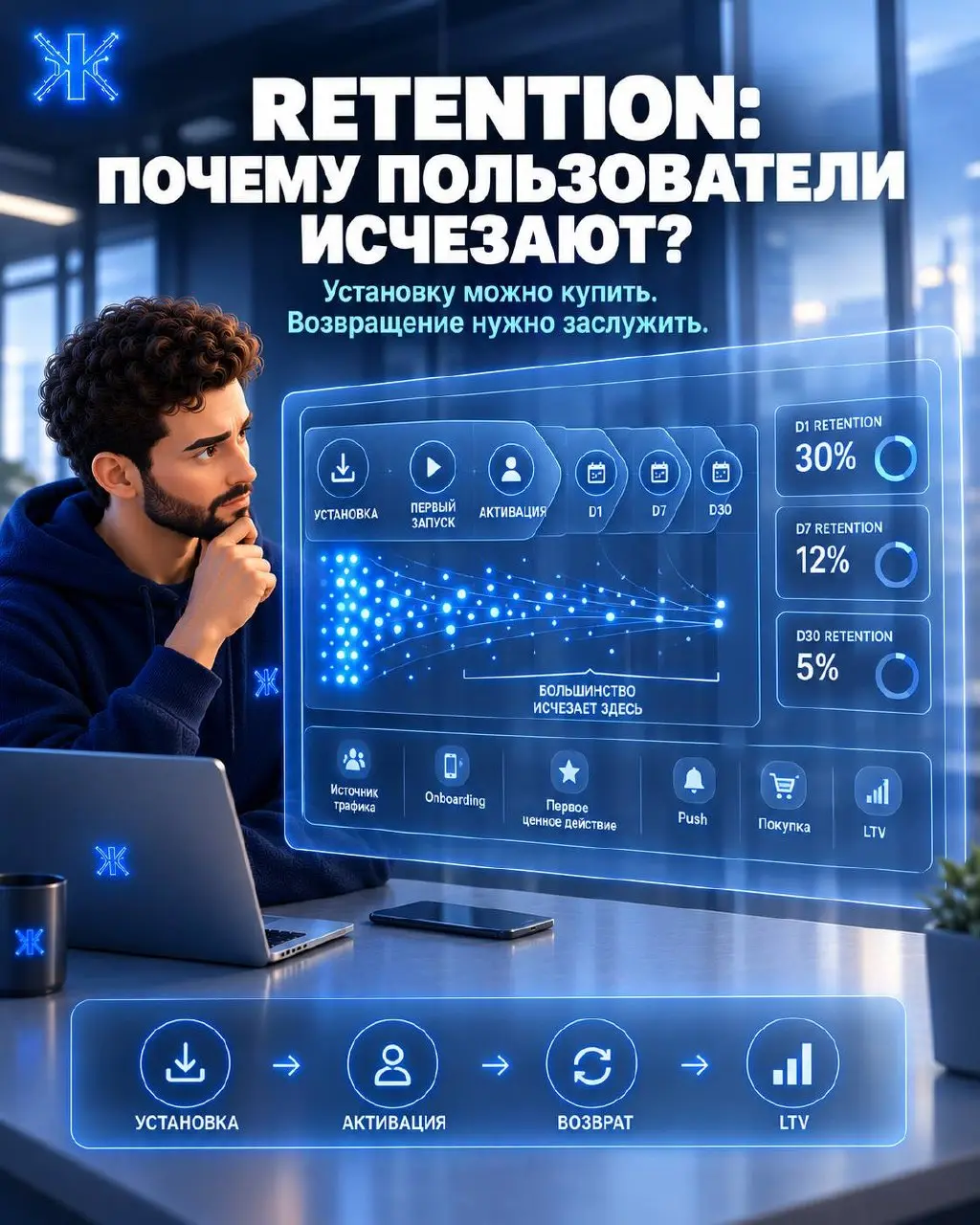 ⚡️⚡️⚡️Установил приложение - и больше никогда не открыл. Знакомо?
Для мобильного продукта это одна из самых дорогих проблем.
Пользователь уже скачал приложение. Реклама сработала. ASO сработало | Сетка — социальная сеть от hh.ru