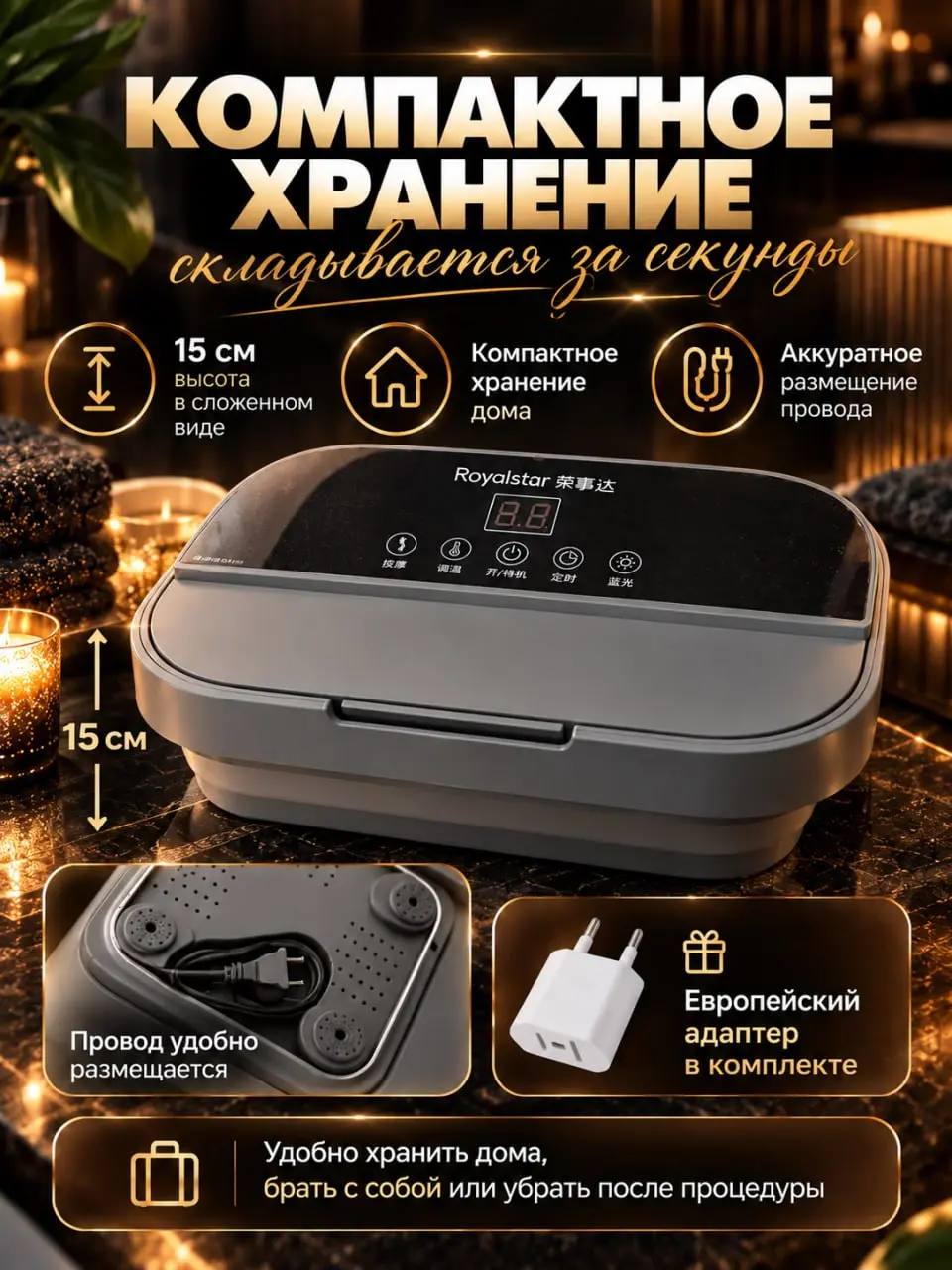 3️⃣ Результат
Фотоворонка для маркетплейса
Гидромассажная ванночка для ног
Клиент передал: фотографии реального товара и характеристики | Сетка — социальная сеть от hh.ru