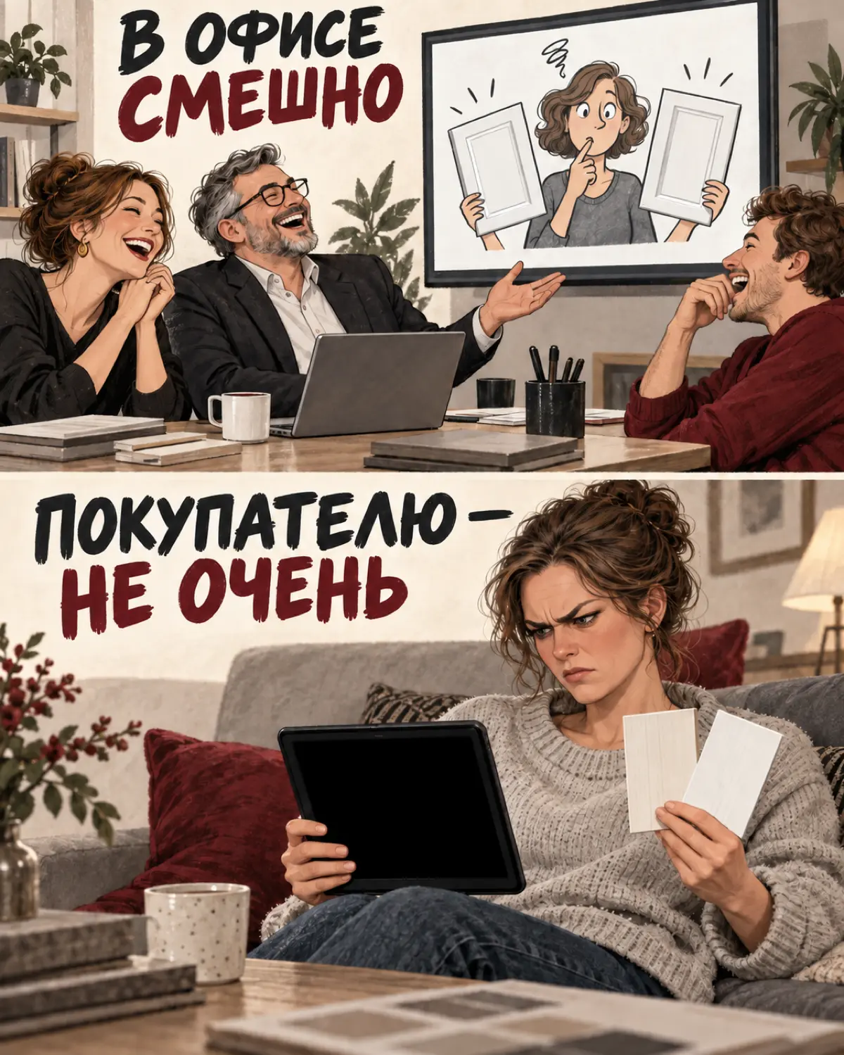 Шутка понравилась директору. А покупателю?
😏 На согласовании все засмеялись. Директор тоже. Кажется, можно выпускать.
Правда, покупателя на этом совещании не было.
Внутри компании есть свой фольклор | Сетка — социальная сеть от hh.ru