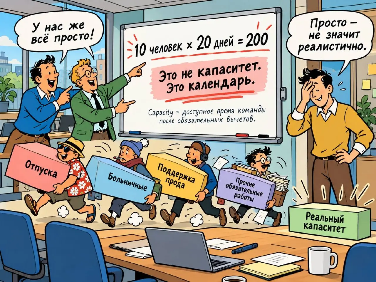 Капаситет команды - это не ее календарь
Иногда меня все-таки немного бомбит.
Особенно когда слышу:
«У нас 10 человек, в месяце 20 рабочих дней. Значит, капаситет - 200 ЧД».
Нет | Сетка — социальная сеть от hh.ru
