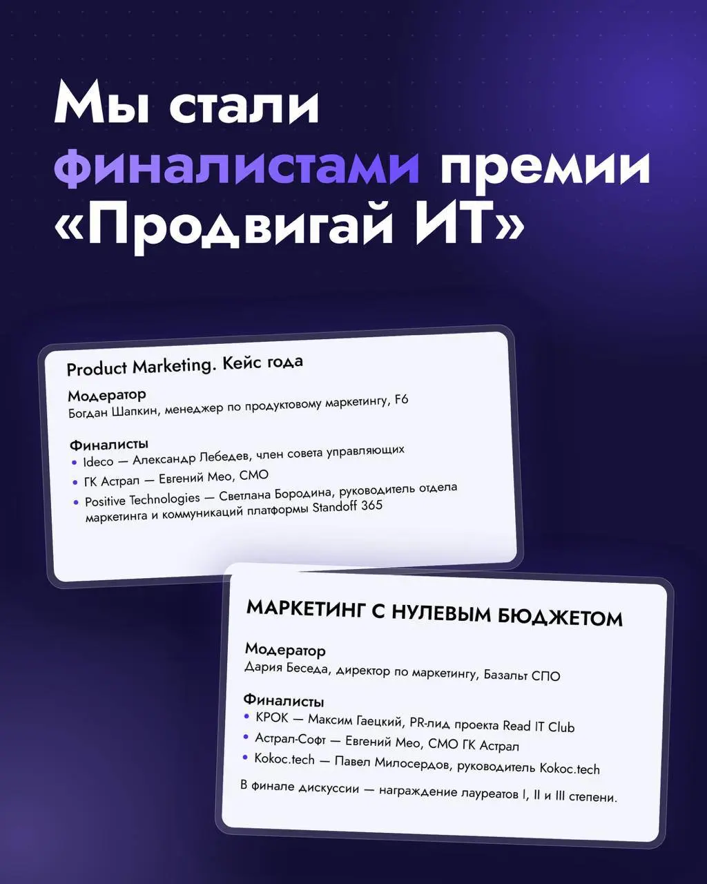 Мы стали финалистами премии «Продвигай ИТ»
Наши кейсы в ГК «Астрал» «Только маркетинг, только hardcore: как амбициозные задачи приводят к достижению целей» и «Большое обучение по ЭПД | Сетка — социальная сеть от hh.ru
