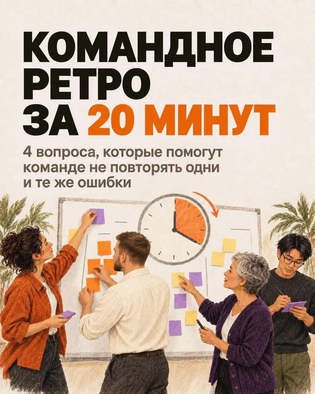 После нескольких лонгридов захотелось дать что-то короткое и сразу применимое.
Собрала в карточках простую схему командного ретро, которое можно провести за 20 минут | Сетка — социальная сеть от hh.ru