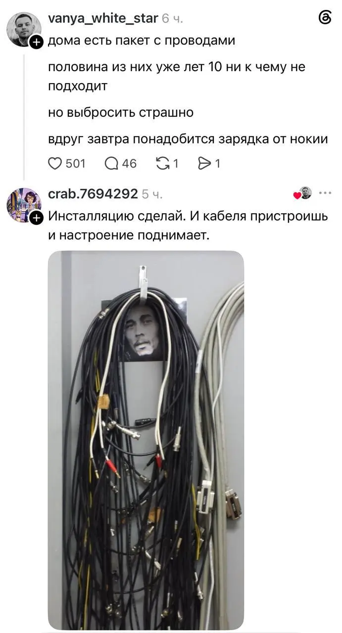 Наконец-то стало понятно, что делать со старыми проводами.
Боба Марли в каждый дом 👏 | Сетка — социальная сеть от hh.ru