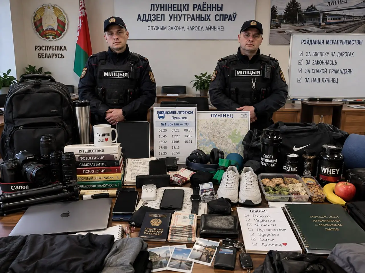 попросила ChatGPT : Сгенерируй фото, где милиционеры РБ стоят перед вещами, которые они нашли во время недавнего рейда. Пусть эти вещи будут созданы на основе всего, что ты обо мне знаешь | Сетка — социальная сеть от hh.ru
