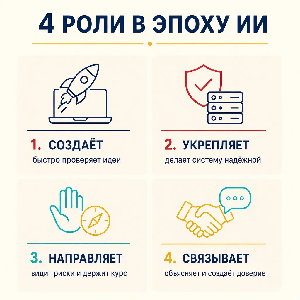 Скоро останется только четыре архетипа работников
Спокойно, увольняться пока рано 😅
Йони Рехтман написал статью о том, как ИИ меняет роли внутри технологических компаний. И я в целом с ним согласен | Сетка — социальная сеть от hh.ru