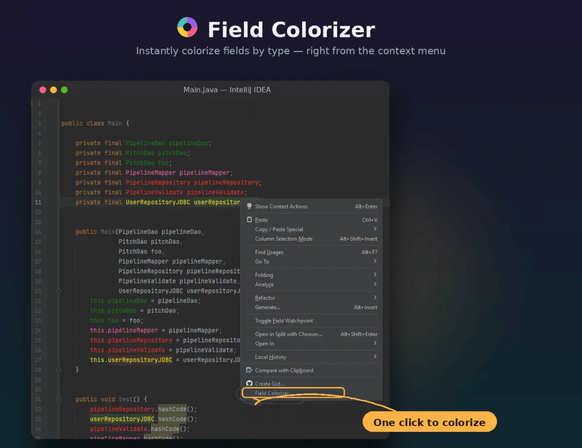 Хочу поделиться своим плагином для IntelliJ IDEA от JetBrains - Field Colorizer.
Он помогает визуально различать слои архитектуры: раскрашивает поля по суффиксам прямо из контекстного меню | Сетка — социальная сеть от hh.ru
