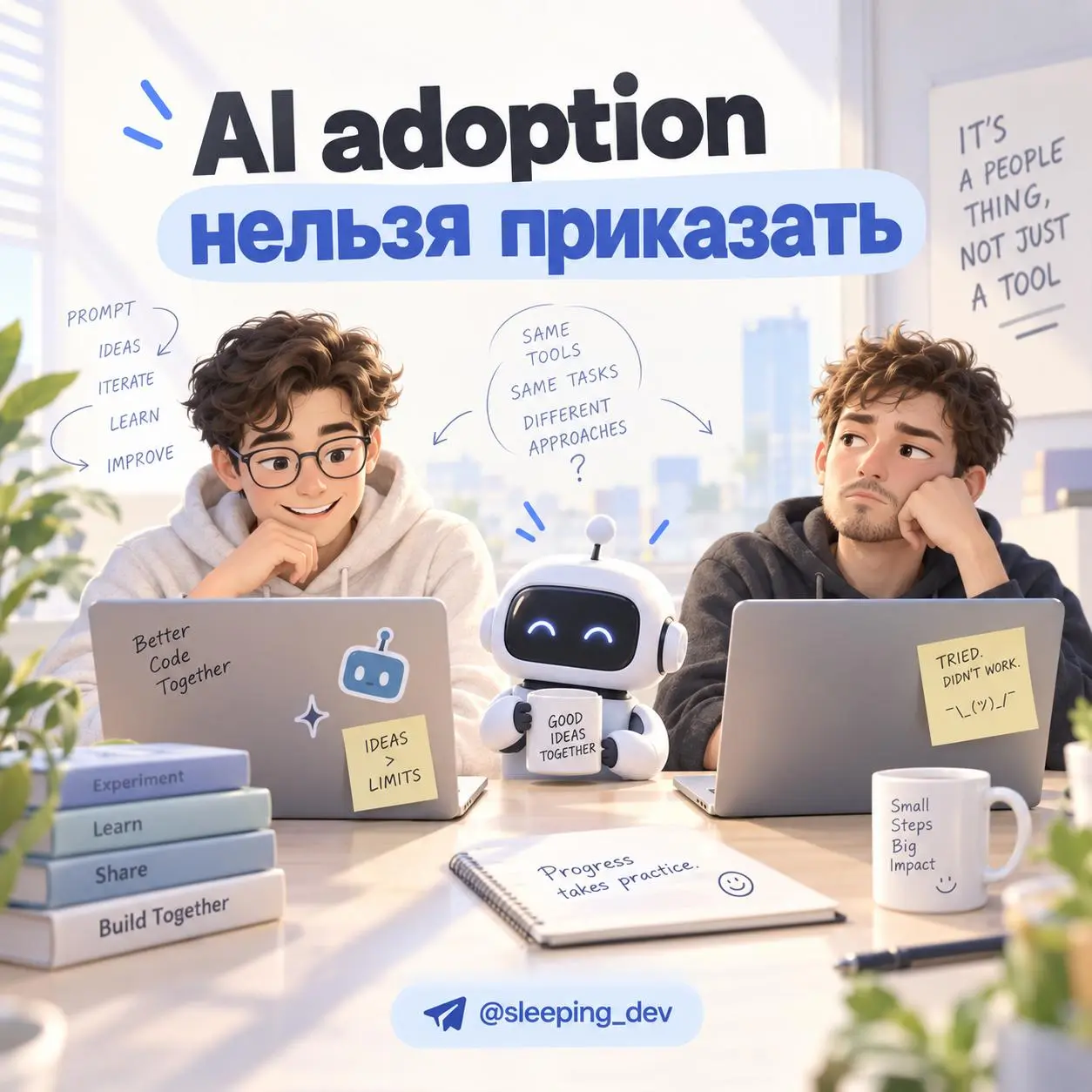 AI adoption нельзя приказать
Почему два разработчика из одной команды совершенно по-разному используют AI?
У них одинаковые инструменты, правила и похожие задачи.
Один обращается к AI постоянно | Сетка — социальная сеть от hh.ru