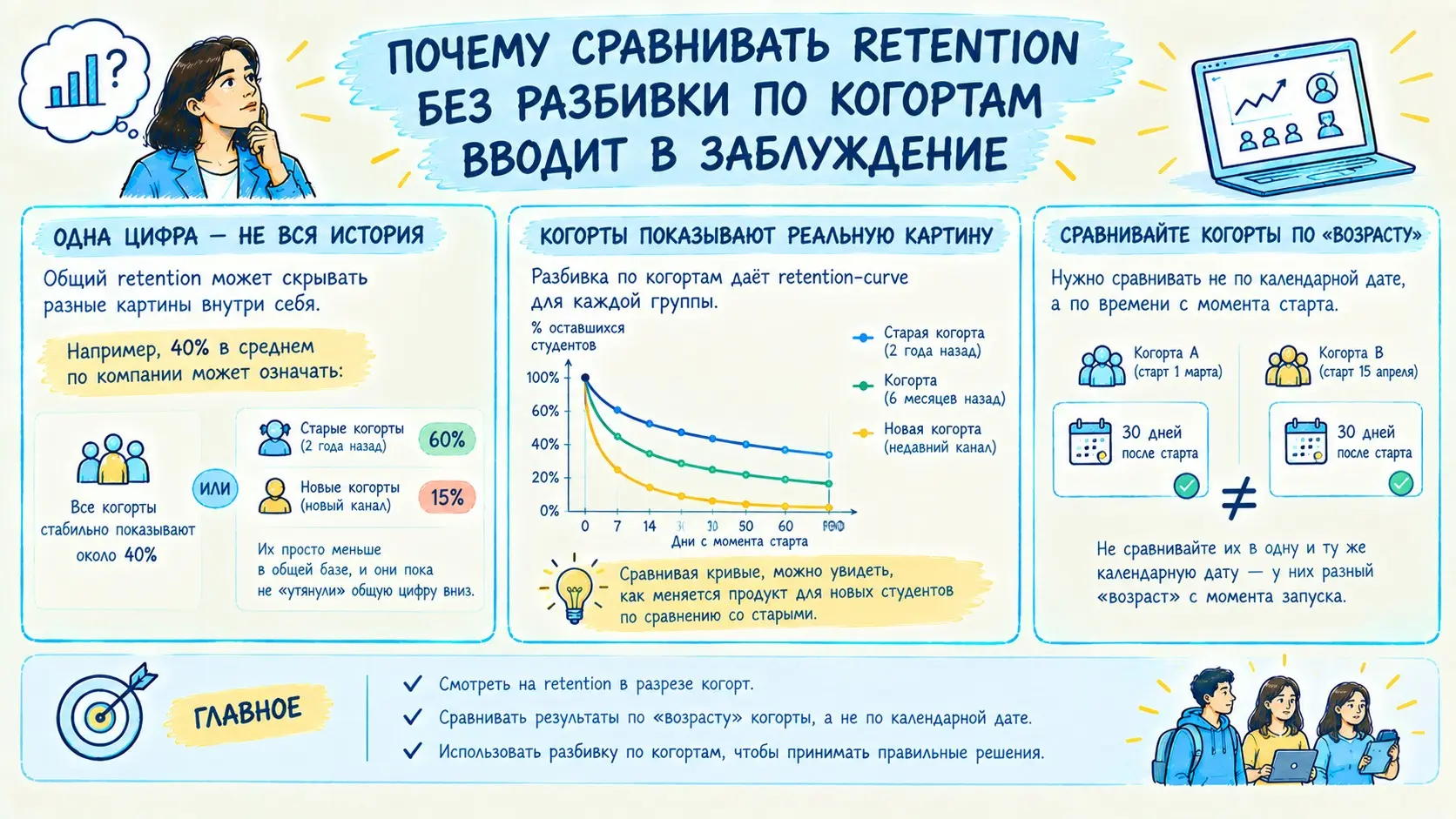Можно ли сравнивать retention без разбивки по когортам? | Сетка — социальная сеть от hh.ru