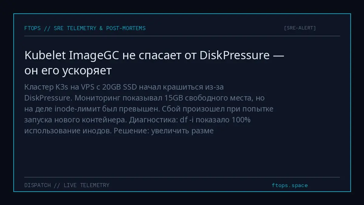 Кластер K3s на VPS с 20GB SSD начал крашиться из-за DiskPressure. Мониторинг показывал 15GB свободного места, но на деле inode-лимит был превышен. Сбой произошел при попытке запуска нового контейнера | Сетка — социальная сеть от hh.ru