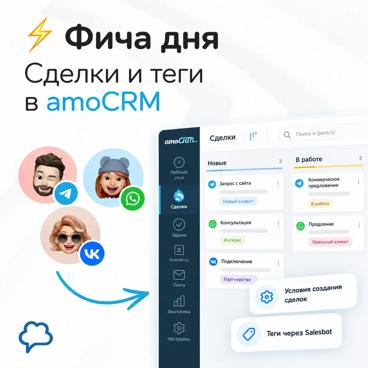 ✅ Фича дня: условия создания сделок и теги через Salesbot в amoCRM
Какие обращения должны попадать в CRM и как присваивать клиентам теги из сценария Salesbot? Рассказываем о двух возможностях интеграц... | Сетка — социальная сеть от hh.ru