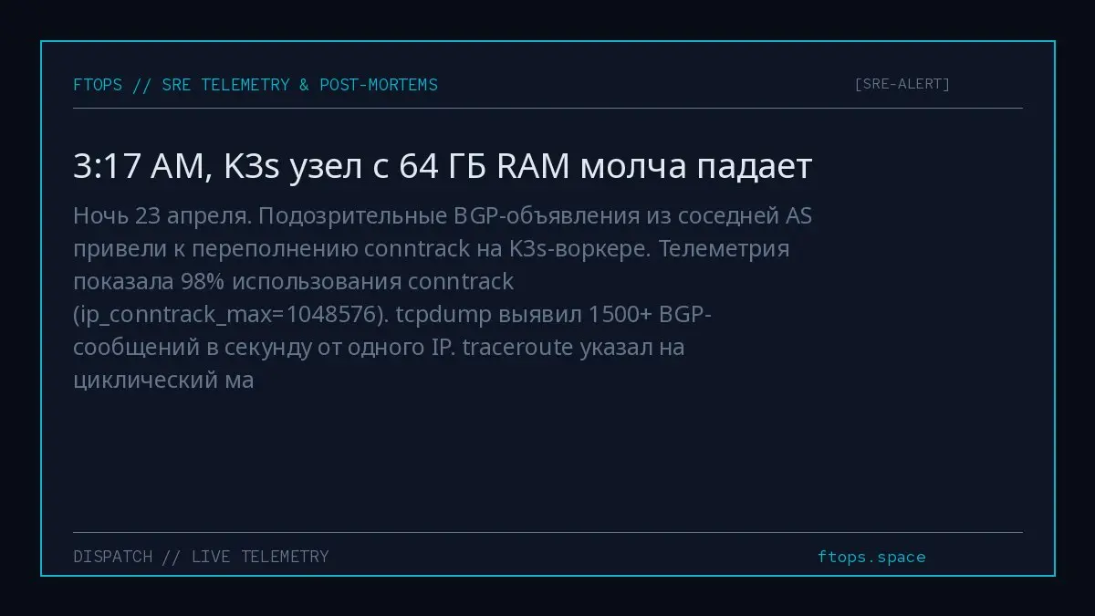 Ночь 23 апреля. Подозрительные BGP-объявления из соседней AS привели к переполнению conntrack на K3s-воркере. Телеметрия показала 98% использования conntrack (ipconntrackmax=1048576) | Сетка — социальная сеть от hh.ru