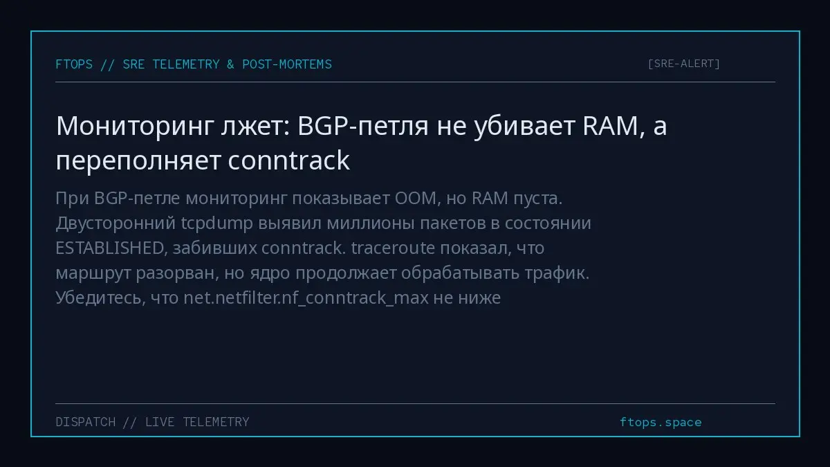 При BGP-петле мониторинг показывает OOM, но RAM пуста. Двусторонний tcpdump выявил миллионы пакетов в состоянии ESTABLISHED, забивших conntrack | Сетка — социальная сеть от hh.ru
