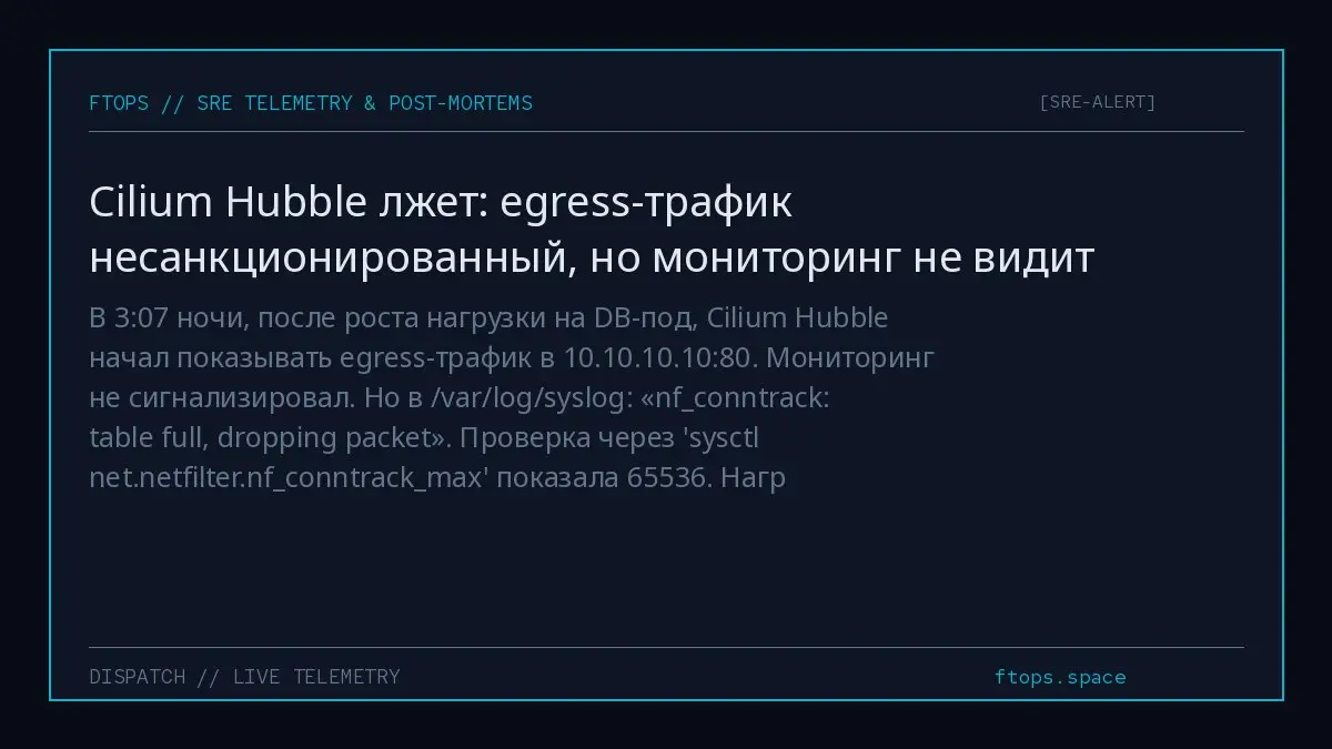 В 3:07 ночи, после роста нагрузки на DB-под, Cilium Hubble начал показывать egress-трафик в 10.10.10.10:80. Мониторинг не сигнализировал | Сетка — социальная сеть от hh.ru