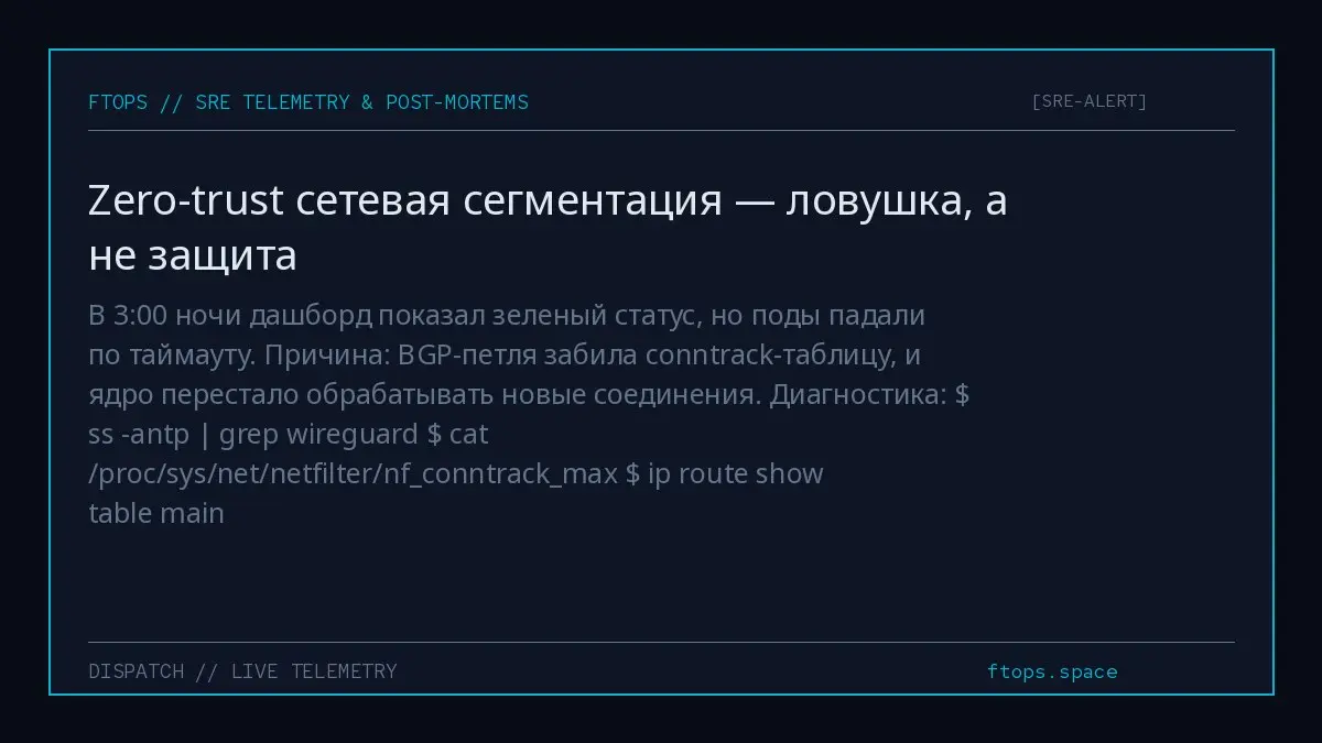 В 3:00 ночи дашборд показал зеленый статус, но поды падали по таймауту. Причина: BGP-петля забила conntrack-таблицу, и ядро перестало обрабатывать новые соединения | Сетка — социальная сеть от hh.ru