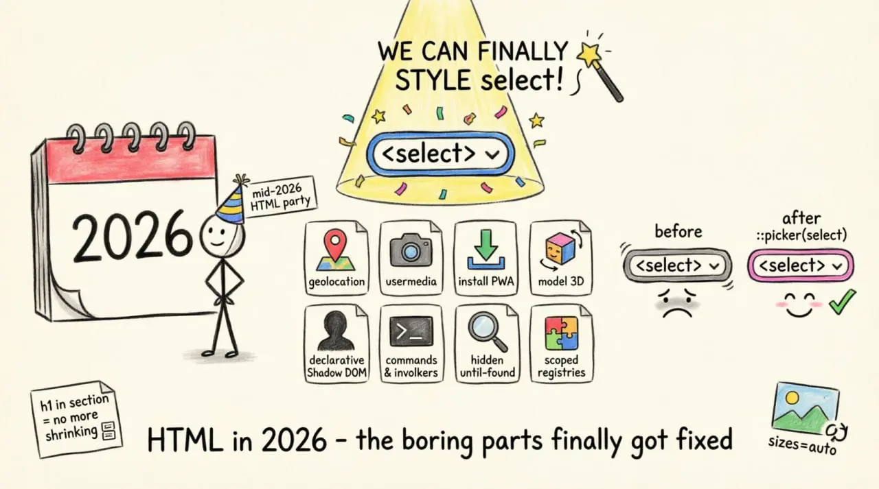https://blog.master.dev/new-things-you-should-know-about-html-here-in-mid-2026/

Элементы разрешений ( и ) — специализированные кнопки для запроса доступа к геопозиции, камере и микрофону | Сетка — социальная сеть от hh.ru