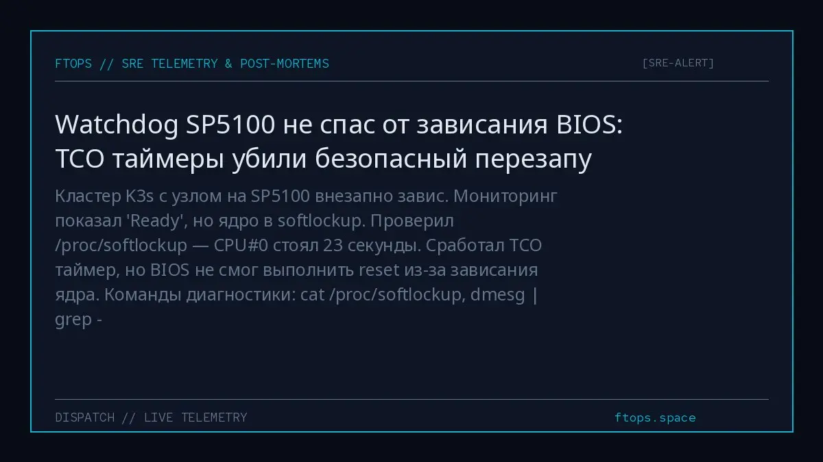 Кластер K3s с узлом на SP5100 внезапно завис. Мониторинг показал 'Ready', но ядро в softlockup. Проверил /proc/softlockup — CPU#0 стоял 23 секунды | Сетка — социальная сеть от hh.ru