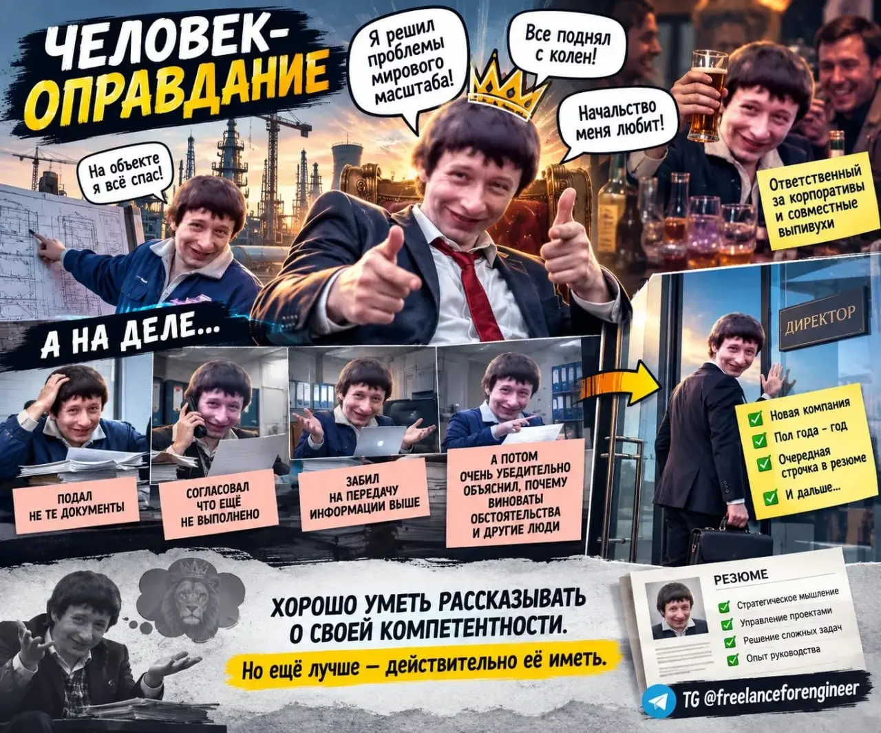 Человек-оправдание
Был у меня один коллега.
Если послушать его рассказы — это был не просто Лев Толстой, а Лев Львиный.
На одном объекте он практически в одиночку спас проект | Сетка — социальная сеть от hh.ru