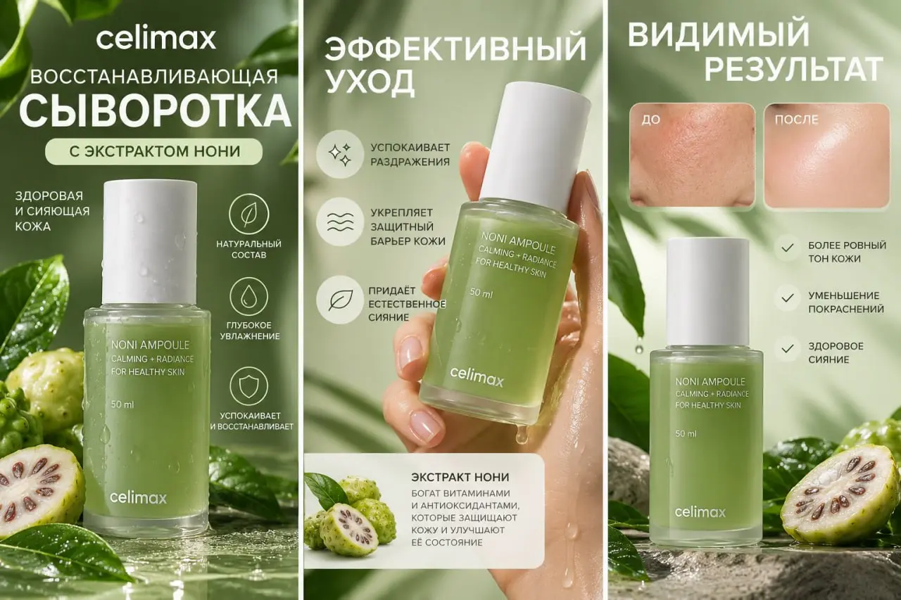 КЕЙС 02
BEAUTY · AI · MARKETPLACE
Celimax Noni Ampoule
Визуальная серия для косметического продукта
ЗАДАЧА
Собрать серию карточек в единой визуальной системе и показать продукт через несколько разных ... | Сетка — социальная сеть от hh.ru