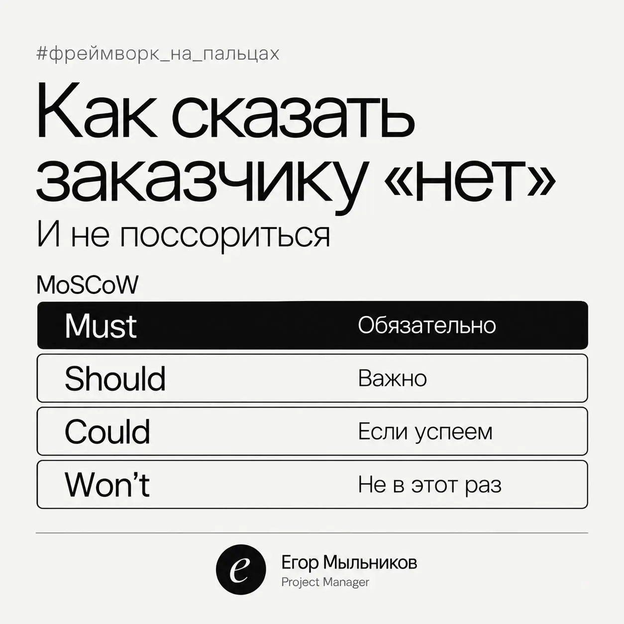 Как сказать заказчику «нет» и не поссориться
Заказчик хочет всё, сразу и к пятнице. Спорить бесполезно: для него важно всё. Помогает не «нет», а приоритизация по методу MoSCoW | Сетка — социальная сеть от hh.ru
