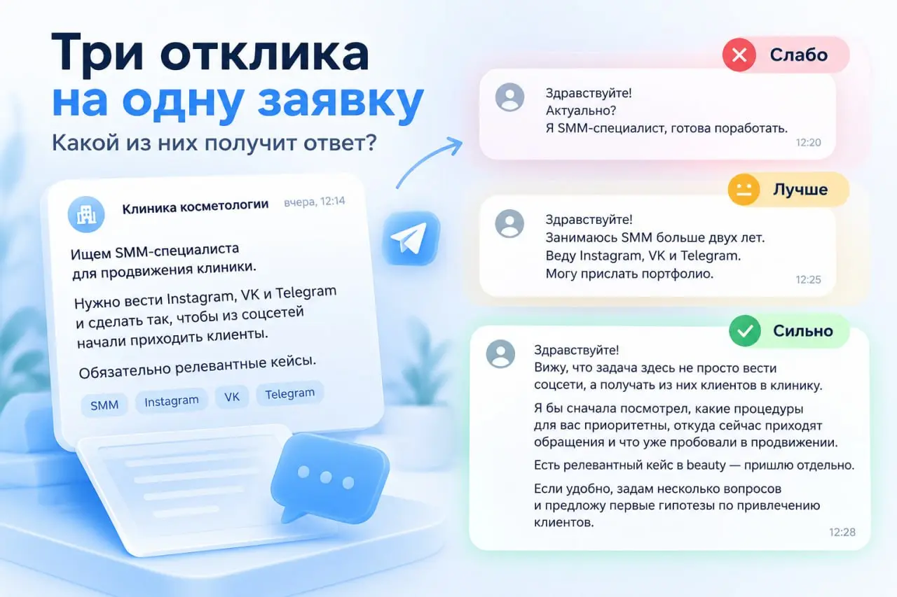 Одна заявка. Три отклика. Какой из них получит ответ?
Возьмём реальную заявку из потока Golubin bot.
Клиника косметологии ищет SMM-специалиста | Сетка — социальная сеть от hh.ru