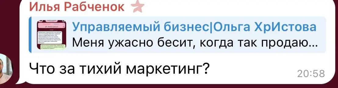 Тихий маркетинг - это продавать, не продавая.
То есть выстраивать продажи, понимая, как человек сегодня принимает решение о покупке. Обожаю выстраивать именно такие продажи | Сетка — социальная сеть от hh.ru