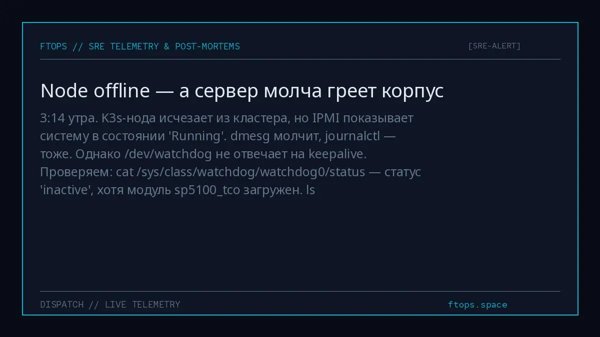 3:14 утра. K3s-нода исчезает из кластера, но IPMI показывает систему в состоянии 'Running'. dmesg молчит, journalctl — тоже. Однако /dev/watchdog не отвечает на keepalive | Сетка — социальная сеть от hh.ru