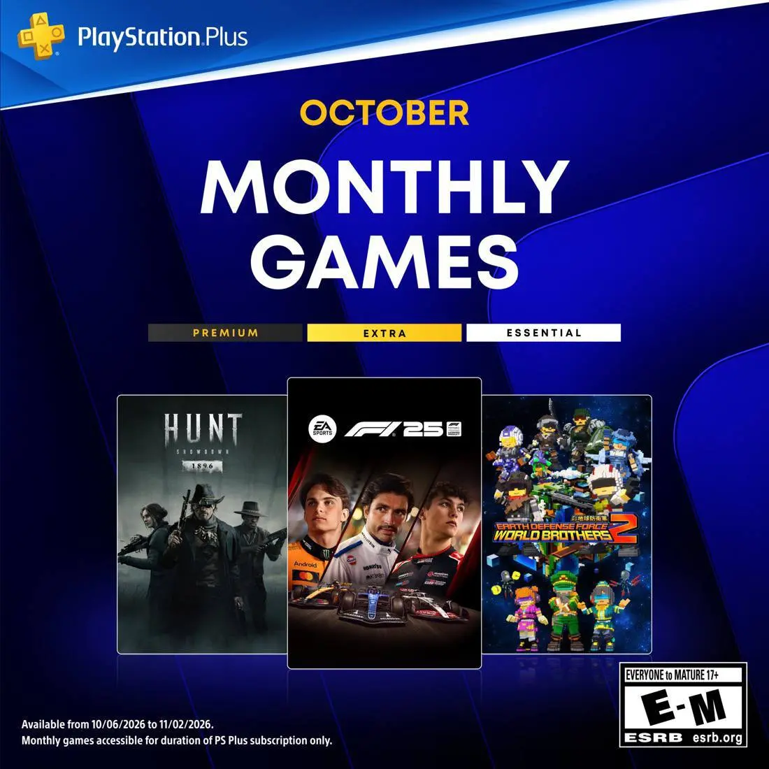 PS Plus Essential, октябрь:

F1 25
Hunt: Showdown 1896
Earth Defense Force: World Brothers 2

С 6 октября по 3 ноября. | Сетка — социальная сеть от hh.ru