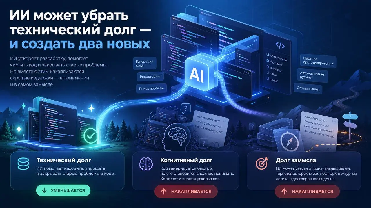 ИИ может убрать технический долг и создать два новых 😂
С генеративным ИИ код теперь пишется и меняется быстрее, чем команда успевает его нормально понять | Сетка — социальная сеть от hh.ru