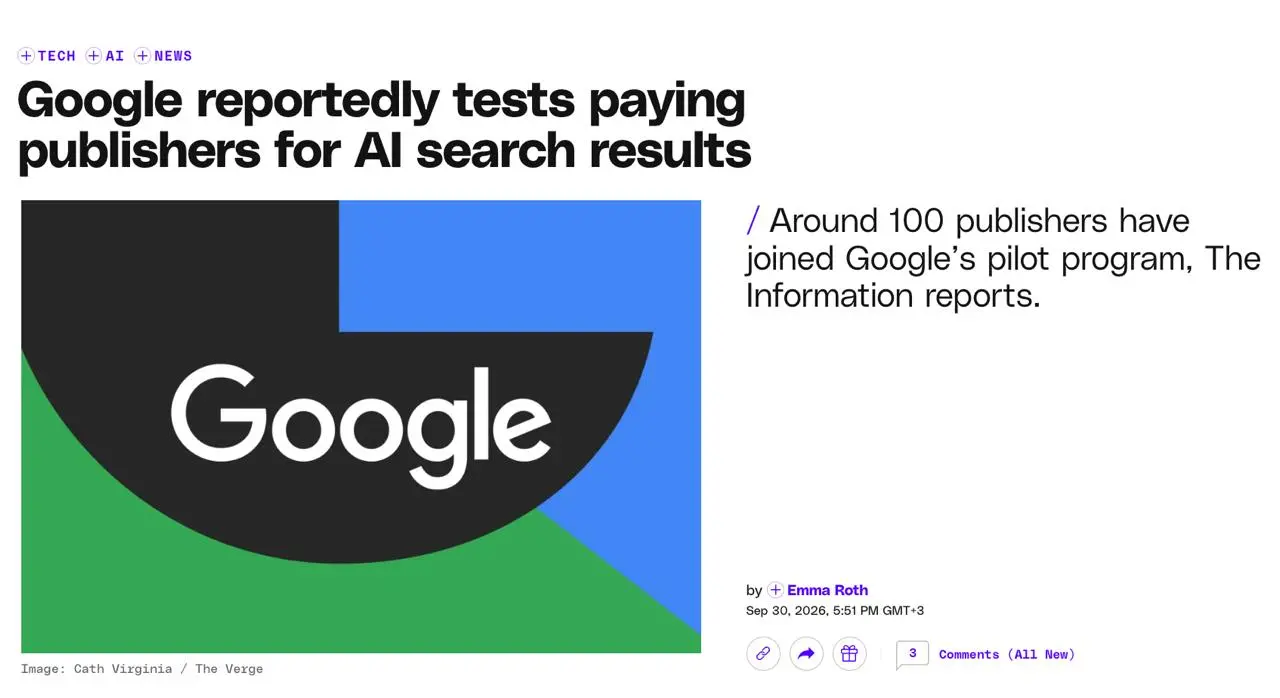 Google придумал, как компенсировать сайтам ИИ-поиск. Спойлер: получились копейки.
Компания тестирует программу примерно со 100 издателями, которым платит за использование материалов в ИИ-поиске | Сетка — социальная сеть от hh.ru