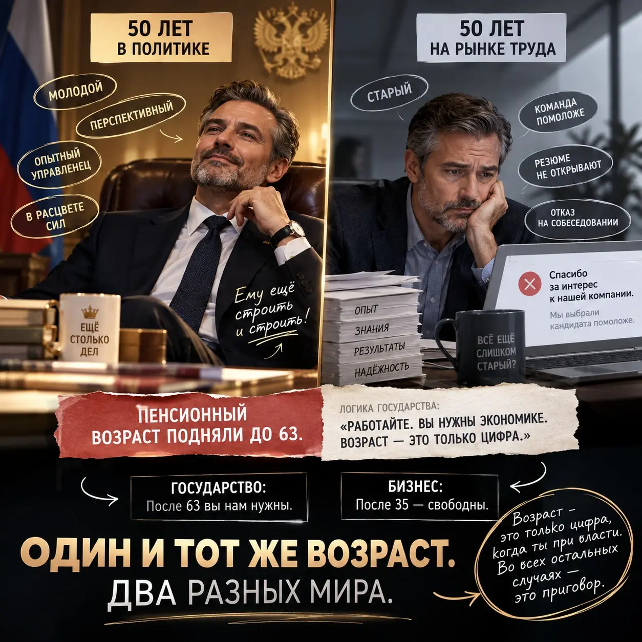 ПРО ЭЙДЖИЗМ
Что меня поражает, это не сам эйджизм. С ним я уже смирилась.
Меня поражает лицемерие государственной политики.
Смотрите. Политику 50 лет - и он молодой.
Перспективный | Сетка — социальная сеть от hh.ru