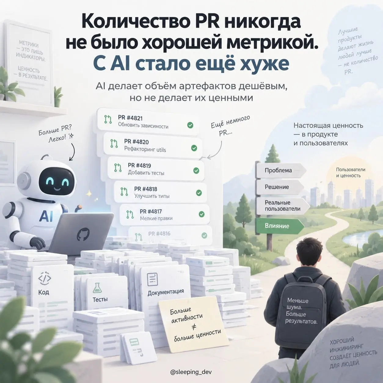 Количество PR никогда не было хорошей метрикой. С AI стало ещё хуже
Раньше объём активности хотя бы был ограничен физически: разработчик не мог за день написать бесконечное количество кода | Сетка — социальная сеть от hh.ru