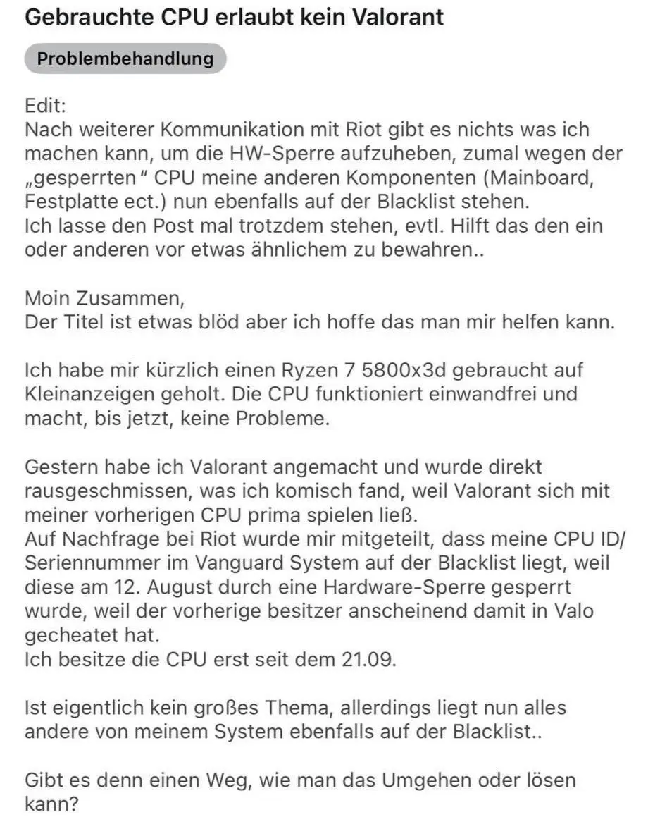 Что ещё один ( не первый репост вижу этого поста с редит) минус покупки б/у железа ?
Upd (Edit):
После дальнейшего общения с Riot стало ясно, что я ничего не могу сделать для снятия аппаратного бана (... | Сетка — социальная сеть от hh.ru