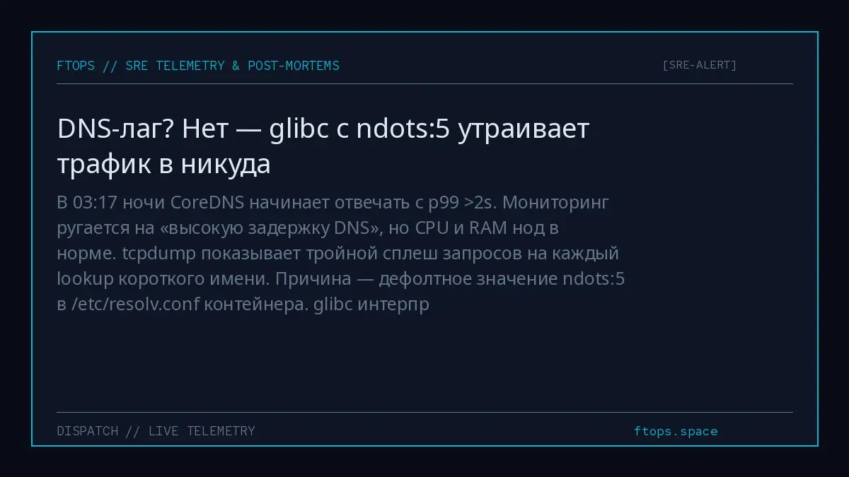В 03:17 ночи CoreDNS начинает отвечать с p99 >2s. Мониторинг ругается на «высокую задержку DNS», но CPU и RAM нод в норме. tcpdump показывает тройной сплеш запросов на каждый lookup короткого имени | Сетка — социальная сеть от hh.ru