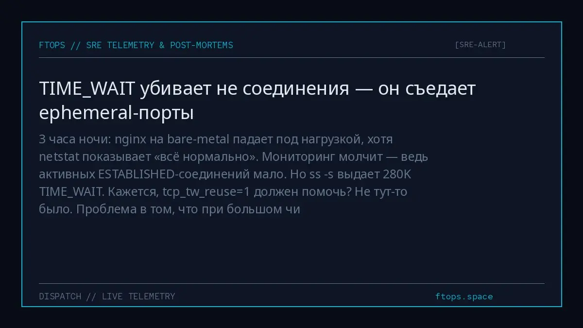 3 часа ночи: nginx на bare-metal падает под нагрузкой, хотя netstat показывает «всё нормально». Мониторинг молчит — ведь активных ESTABLISHED-соединений мало. Но ss -s выдает 280K TIMEWAIT | Сетка — социальная сеть от hh.ru