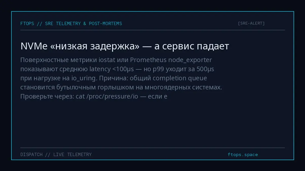 Поверхностные метрики iostat или Prometheus nodeexporter показывают среднюю latency <100µs — но p99 уходит за 500µs при нагрузке на iouring | Сетка — социальная сеть от hh.ru