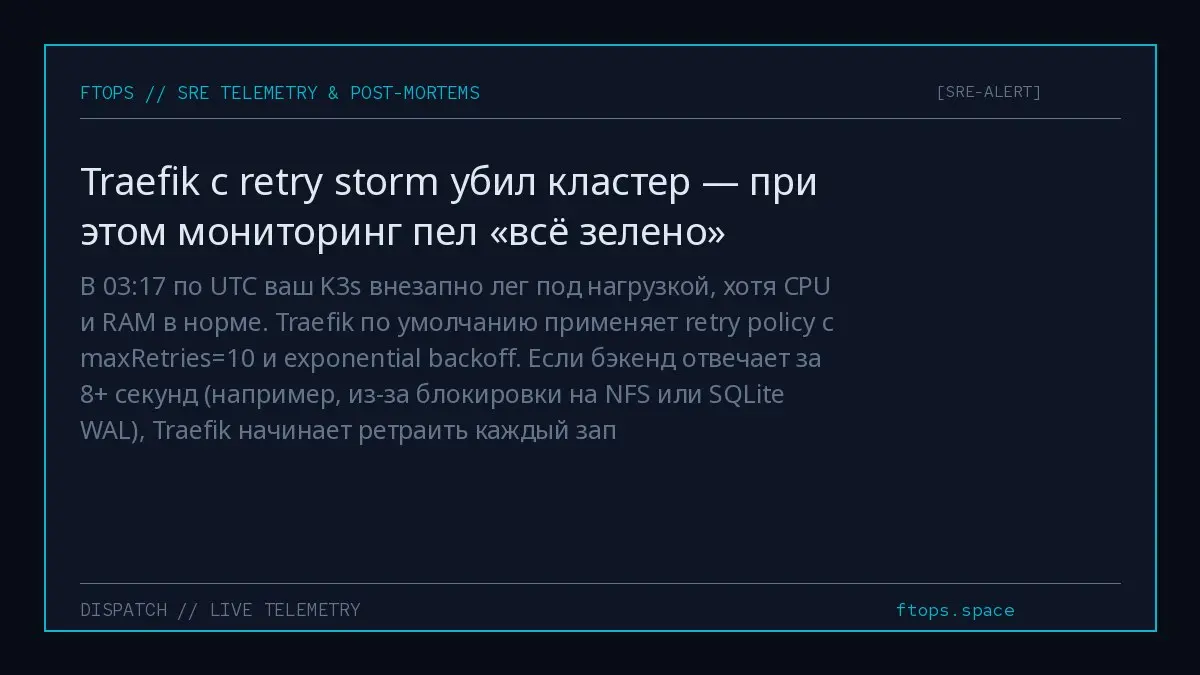 В 03:17 по UTC ваш K3s внезапно лег под нагрузкой, хотя CPU и RAM в норме. Traefik по умолчанию применяет retry policy с maxRetries=10 и exponential backoff | Сетка — социальная сеть от hh.ru