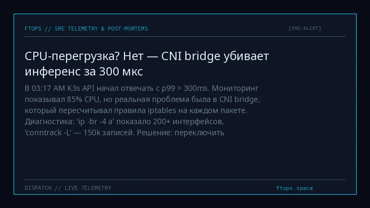 В 03:17 AM K3s API начал отвечать с p99 > 300ms. Мониторинг показывал 85% CPU, но реальная проблема была в CNI bridge, который пересчитывал правила iptables на каждом пакете | Сетка — социальная сеть от hh.ru