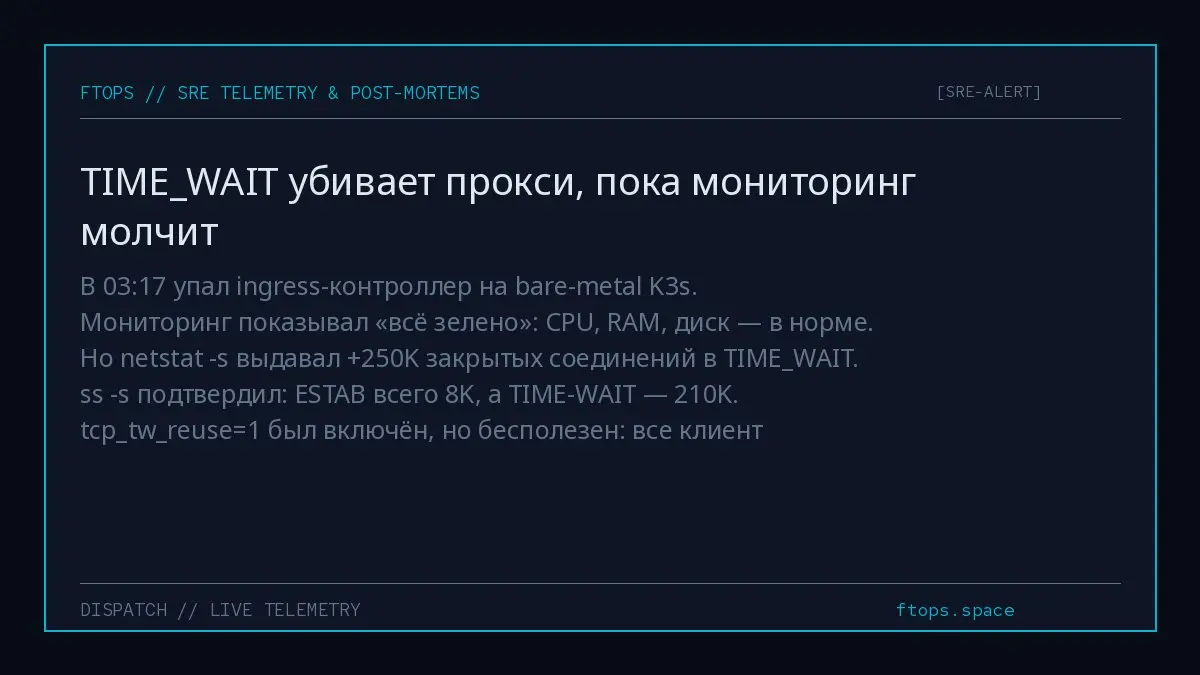 В 03:17 упал ingress-контроллер на bare-metal K3s. Мониторинг показывал «всё зелено»: CPU, RAM, диск — в норме. Но netstat -s выдавал +250K закрытых соединений в TIMEWAIT | Сетка — социальная сеть от hh.ru