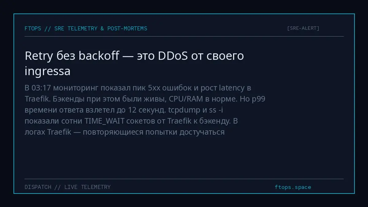 В 03:17 мониторинг показал пик 5xx ошибок и рост latency в Traefik. Бэкенды при этом были живы, CPU/RAM в норме. Но p99 времени ответа взлетел до 12 секунд | Сетка — социальная сеть от hh.ru