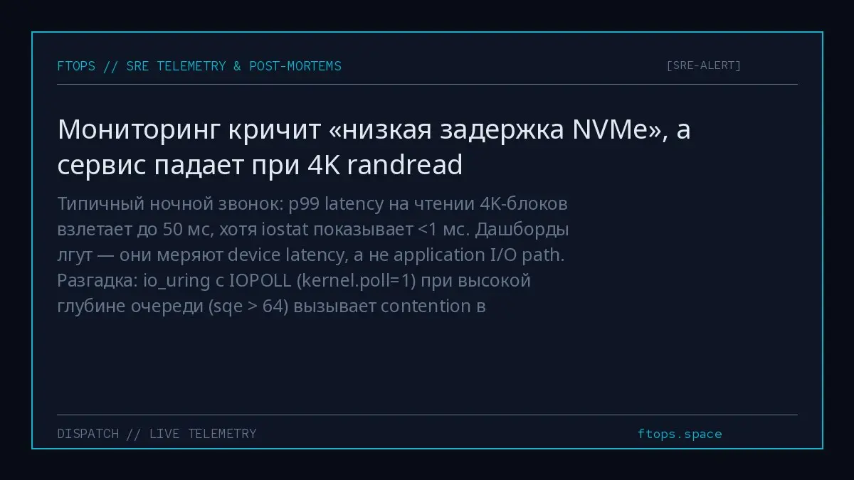Типичный ночной звонок: p99 latency на чтении 4K-блоков взлетает до 50 мс, хотя iostat показывает <1 мс. Дашборды лгут — они меряют device latency, а не application I/O path | Сетка — социальная сеть от hh.ru