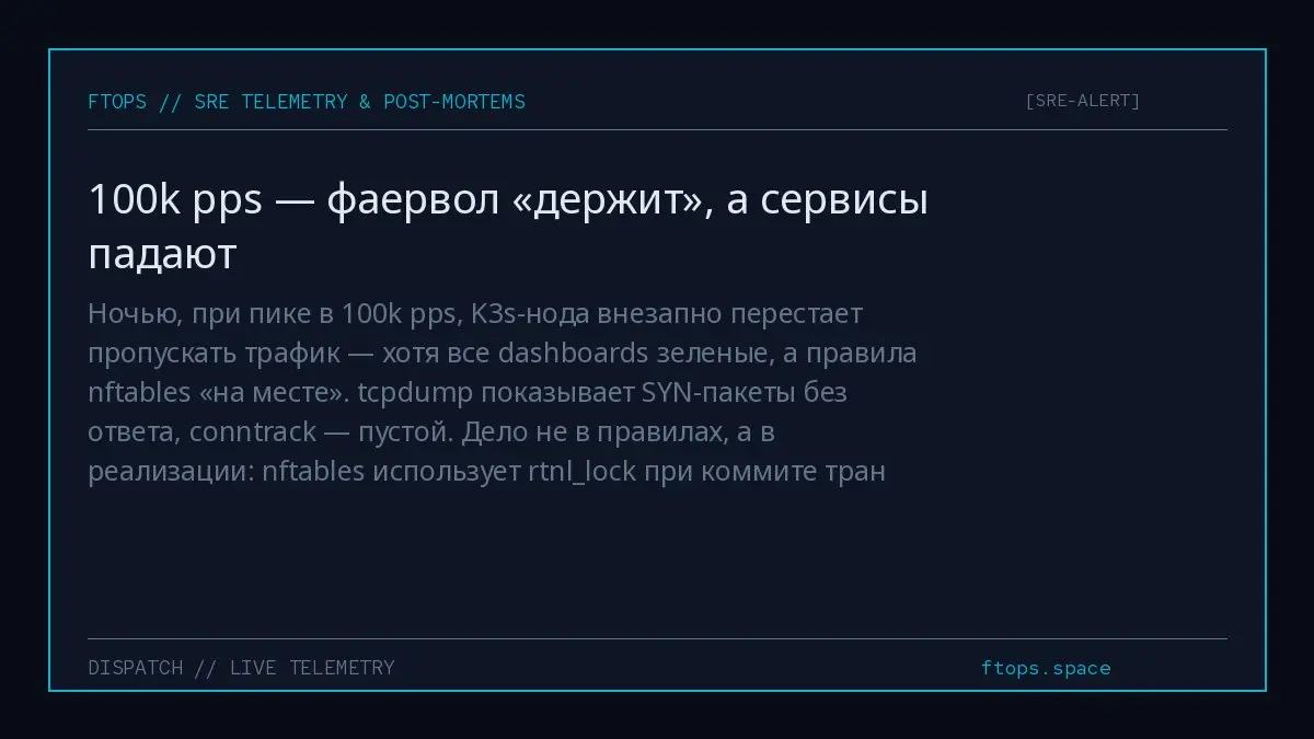 Ночью, при пике в 100k pps, K3s-нода внезапно перестает пропускать трафик — хотя все dashboards зеленые, а правила nftables «на месте». tcpdump показывает SYN-пакеты без ответа, conntrack — пустой | Сетка — социальная сеть от hh.ru