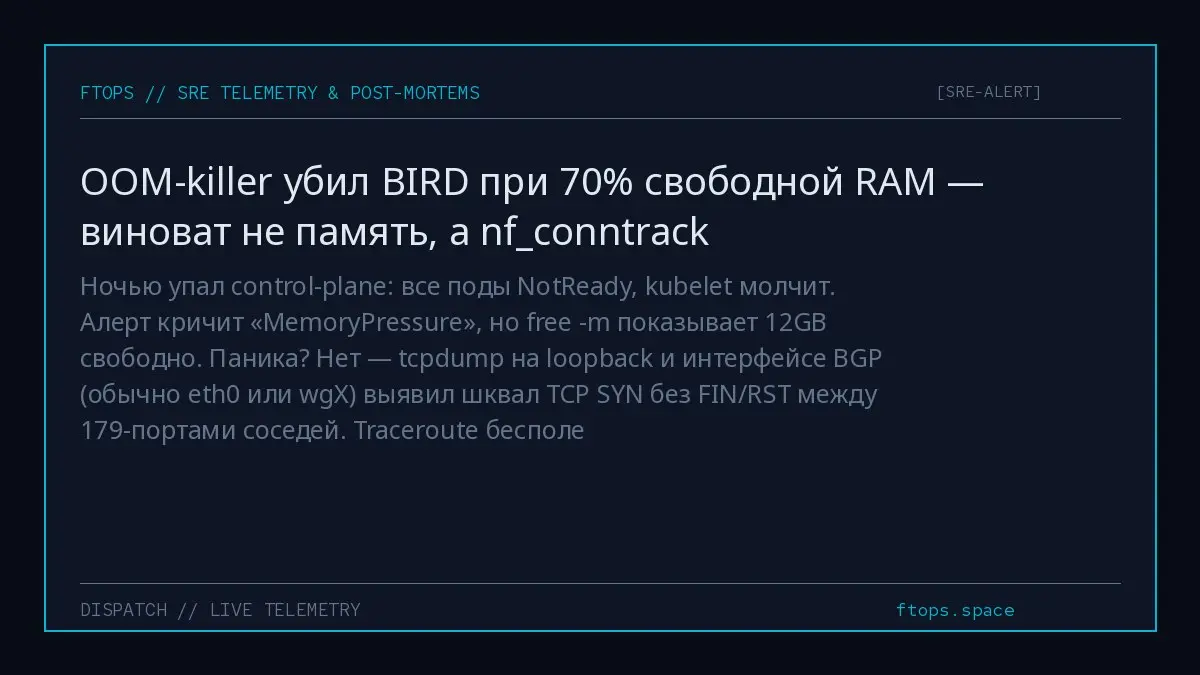 Ночью упал control-plane: все поды NotReady, kubelet молчит. Алерт кричит «MemoryPressure», но free -m показывает 12GB свободно | Сетка — социальная сеть от hh.ru