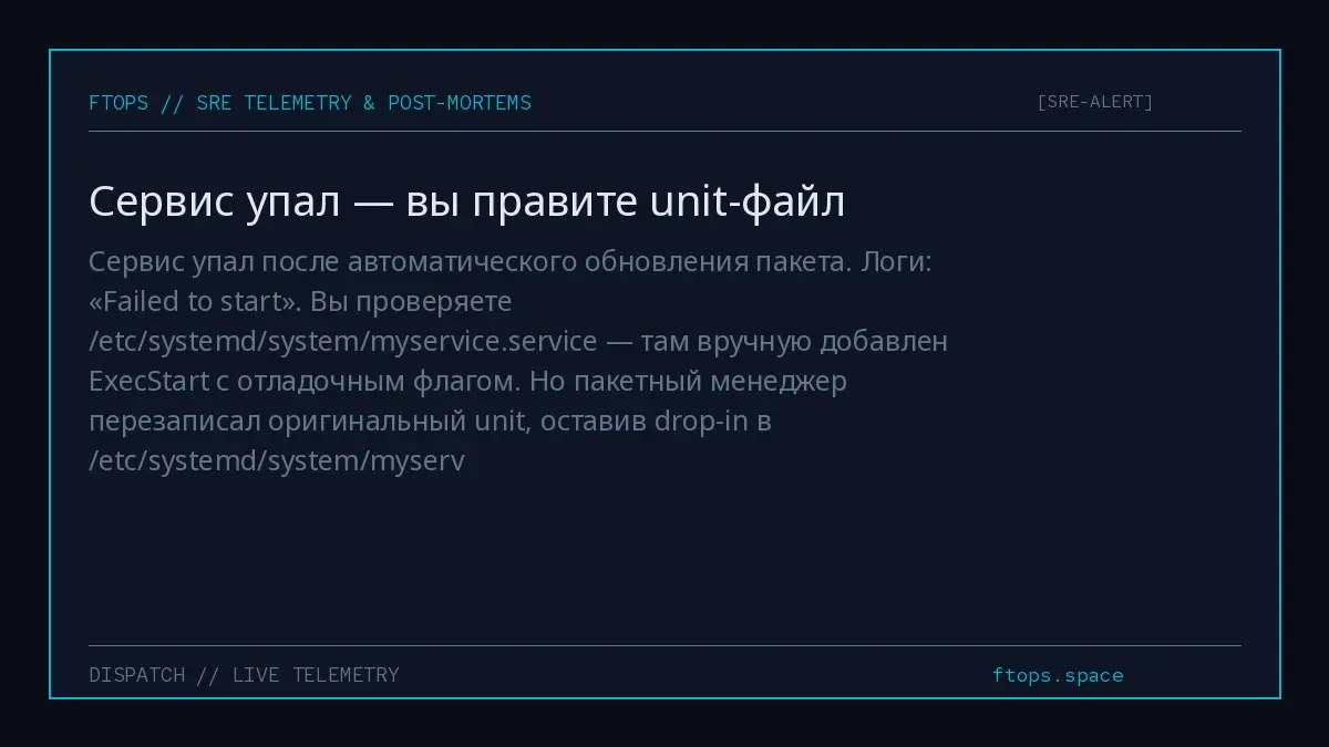 Сервис упал после автоматического обновления пакета. Логи: «Failed to start». Вы проверяете /etc/systemd/system/myservice.service — там вручную добавлен ExecStart с отладочным флагом | Сетка — социальная сеть от hh.ru
