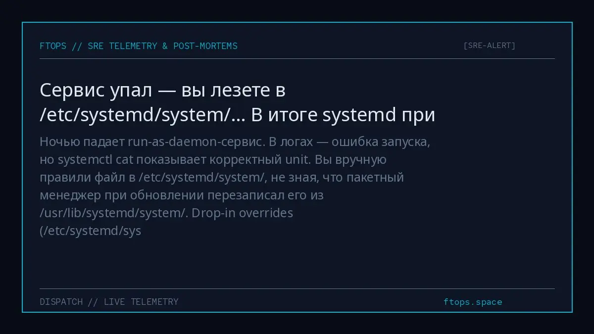 Ночью падает run-as-daemon-сервис. В логах — ошибка запуска, но systemctl cat показывает корректный unit | Сетка — социальная сеть от hh.ru