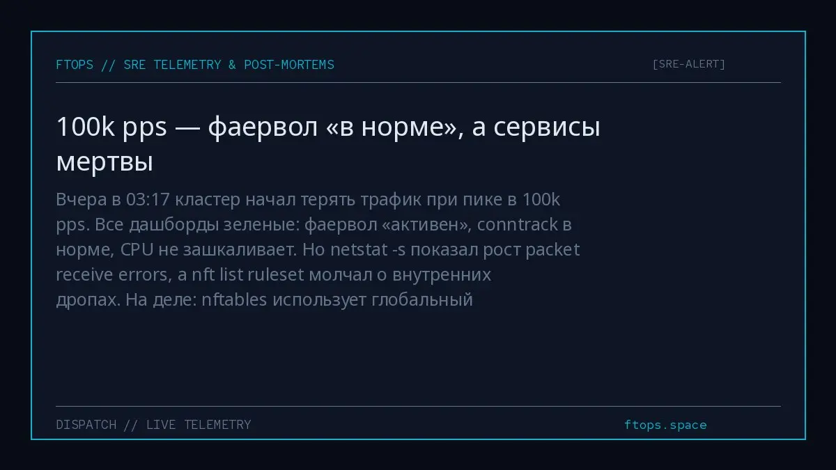 Вчера в 03:17 кластер начал терять трафик при пике в 100k pps. Все дашборды зеленые: фаервол «активен», conntrack в норме, CPU не зашкаливает | Сетка — социальная сеть от hh.ru