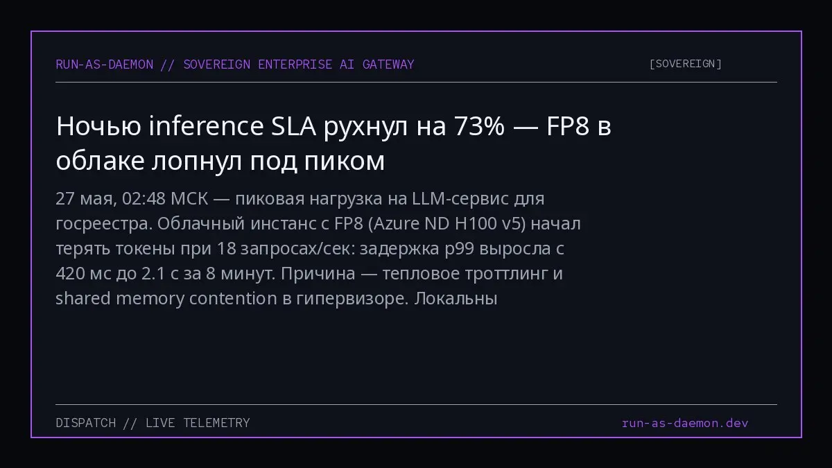 27 мая, 02:48 МСК — пиковая нагрузка на LLM-сервис для госреестра. Облачный инстанс с FP8 (Azure ND H100 v5) начал терять токены при 18 запросах/сек: задержка p99 выросла с 420 мс до 2.1 с за 8 минут | Сетка — социальная сеть от hh.ru