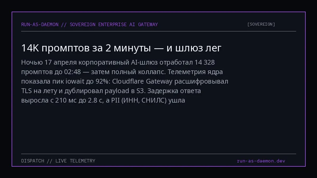 Ночью 17 апреля корпоративный AI-шлюз отработал 14 328 промптов до 02:48 — затем полный коллапс | Сетка — социальная сеть от hh.ru