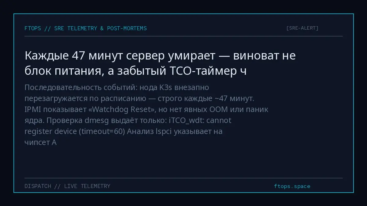 Последовательность событий: нода K3s внезапно перезагружается по расписанию — строго каждые ~47 минут. IPMI показывает «Watchdog Reset», но нет явных OOM или паник ядра | Сетка — социальная сеть от hh.ru