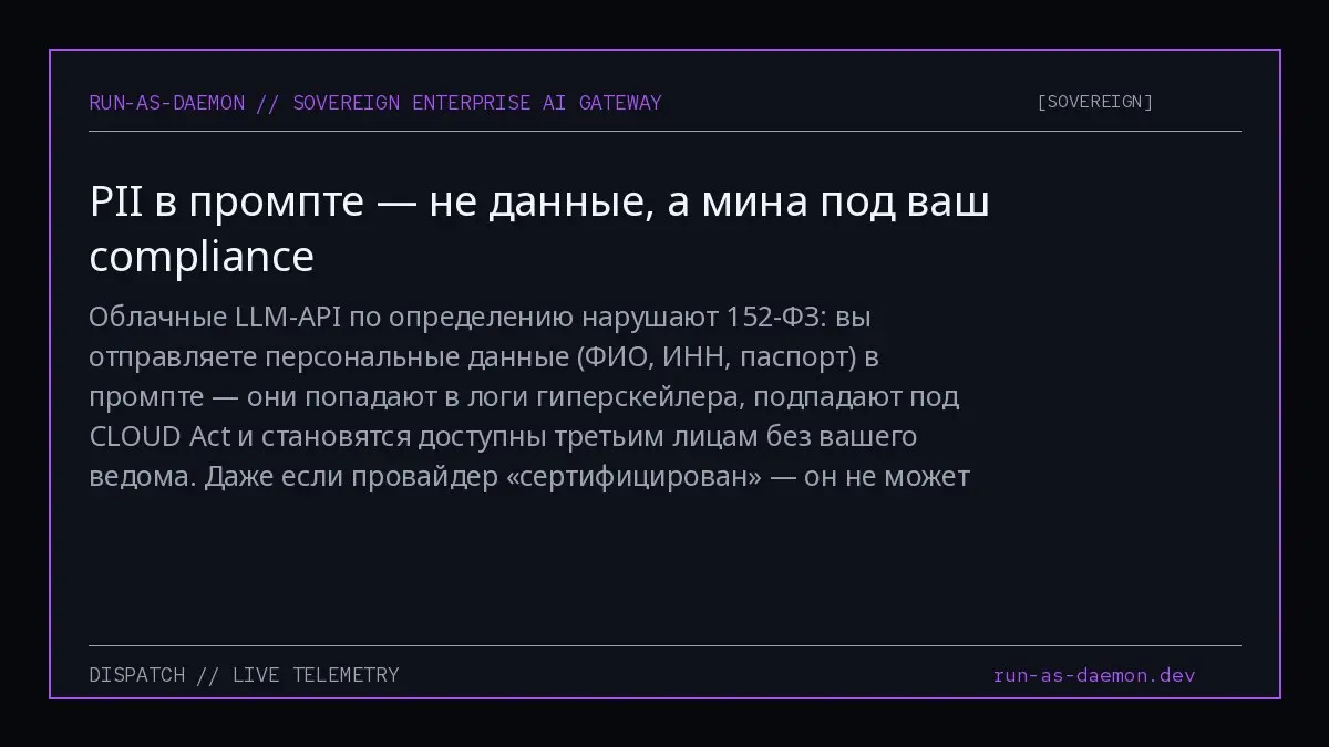 Облачные LLM-API по определению нарушают 152-ФЗ: вы отправляете персональные данные (ФИО, ИНН, паспорт) в промпте — они попадают в логи гиперскейлера, подпадают под CLOUD Act и становятся доступны тре... | Сетка — социальная сеть от hh.ru