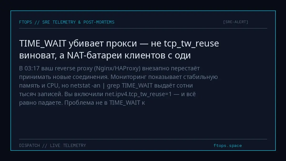 В 03:17 ваш reverse proxy (Nginx/HAProxy) внезапно перестаёт принимать новые соединения. Мониторинг показывает стабильную память и CPU, но netstat -an | grep TIMEWAIT выдаёт сотни тысяч записей | Сетка — социальная сеть от hh.ru